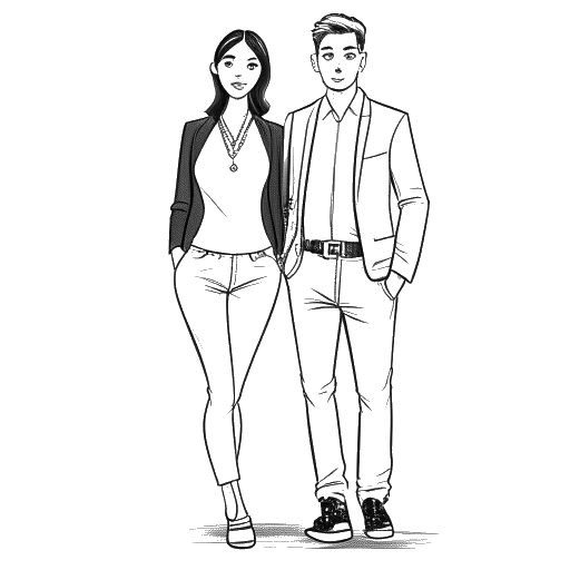 Line art drawing of a man, representing Jürgen Klinsmann, holding a soccer ball, standing next to a woman, representing Debbie Chin, wearing a stylish outfit against a white backdrop.