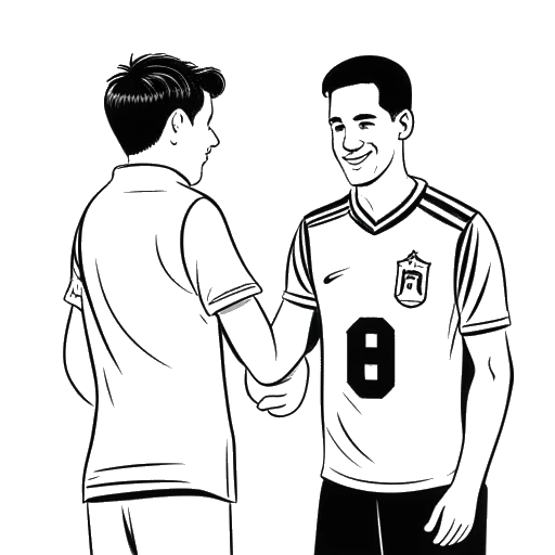 Line art drawing of a young man, representing Jürgen Klinsmann, receiving a soccer jersey with the number 9 from a local journalist against a white backdrop.