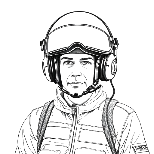 Line art drawing of a man, representing Jürgen Klinsmann, wearing a helicopter pilot's helmet and headset, standing in front of a helicopter against a white backdrop.
