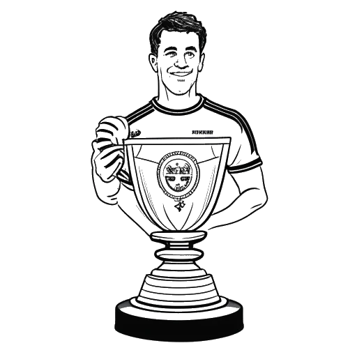 Line art drawing of a man, representing Jürgen Klinsmann, holding the UEFA Cup trophy, wearing an Inter Milan jersey, with the year 1990-91 in the background.