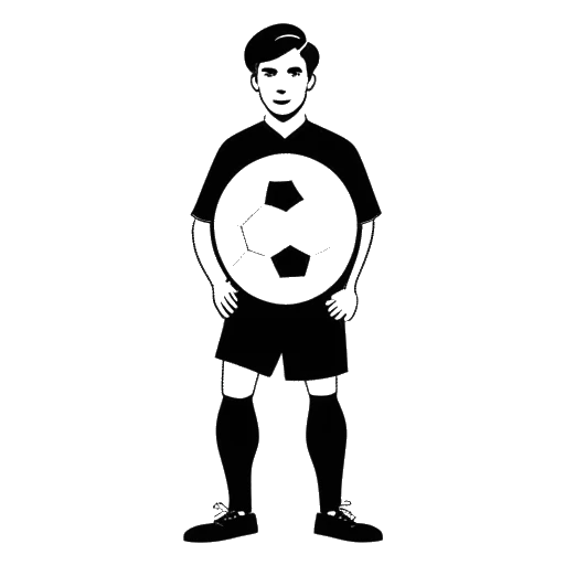 Line art drawing of a man, representing Jürgen Klinsmann, holding a soccer ball, with the number 47 displayed above (goals) and the number 108 below (appearances) for West Germany and Germany combined.