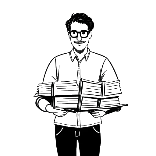 Line art drawing of a man, representing Jürgen Klinsmann, holding four books, each labeled with one of the languages: German, English, Italian, and French.