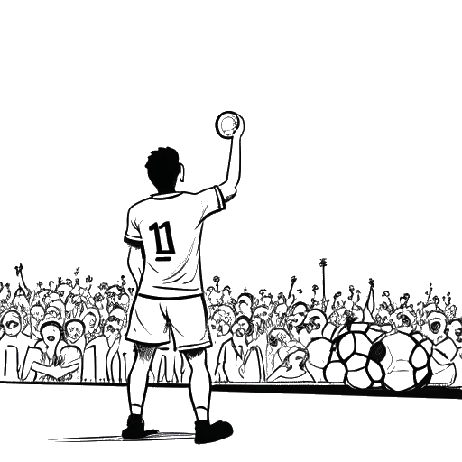 Line art drawing of a man, representing Jürgen Klinsmann, holding a soccer ball, standing next to a scoreboard displaying his name and goals scored, with a cheering crowd in the background.