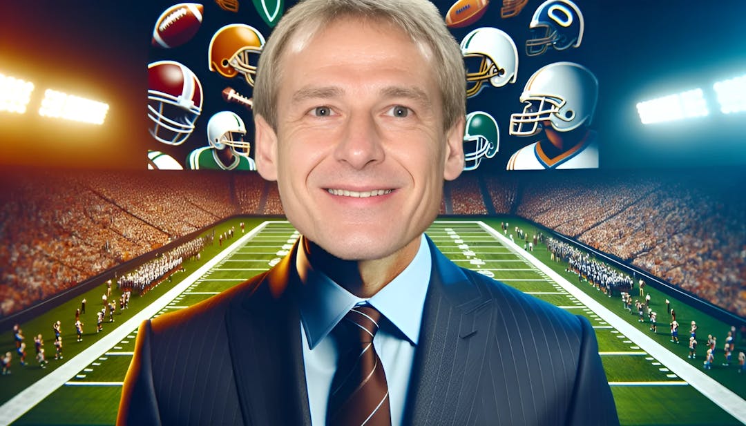 Jürgen Klinsmann, a middle-aged male with fair skin, looking straight into the camera with a confident expression. The background showcases a football stadium filled with enthusiastic fans, representing his successful football career. He is dressed in a sleek suit, reflecting his transition from player to coach. Vibrant colors and high-resolution details make the image visually captivating.