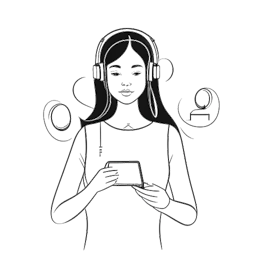 Line art-tekening van een vrouw, die Sadie McKenna vertegenwoordigt, met een aura van privacy, te midden van gefluister en digitale apparaten, een afgesloten houding behoudend.