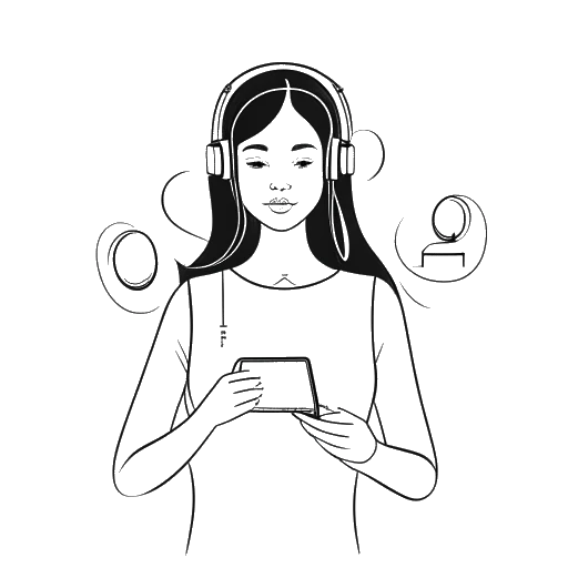 Line art-tekening van een vrouw, die Sadie McKenna vertegenwoordigt, met een aura van privacy, te midden van gefluister en digitale apparaten, een afgesloten houding behoudend.