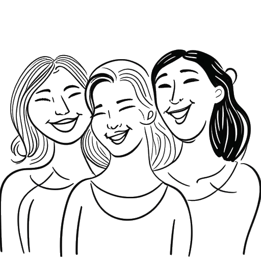 Line art drawing of a woman, embodying positivity through content, bonding with friends, and expressing creativity.