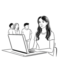 Line art-tekening van een vrouw, die Sadie McKenna vertegenwoordigt, met lang haar, zelfverzekerd poserend met een camera en laptop, te midden van een virtueel publiek.