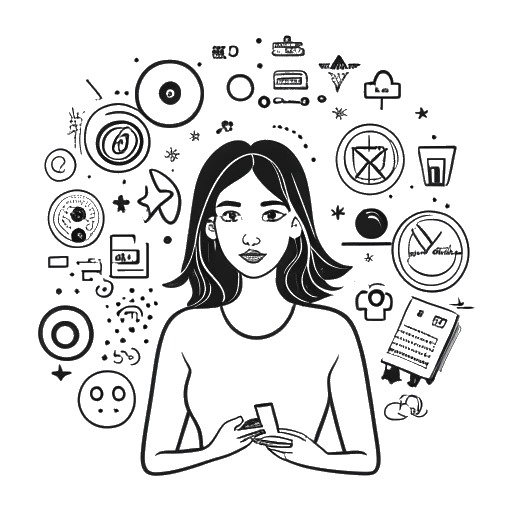 Line art drawing of a woman, representing Sadie McKenna, surrounded by social media symbols and popular influencers, curating engaging content.
