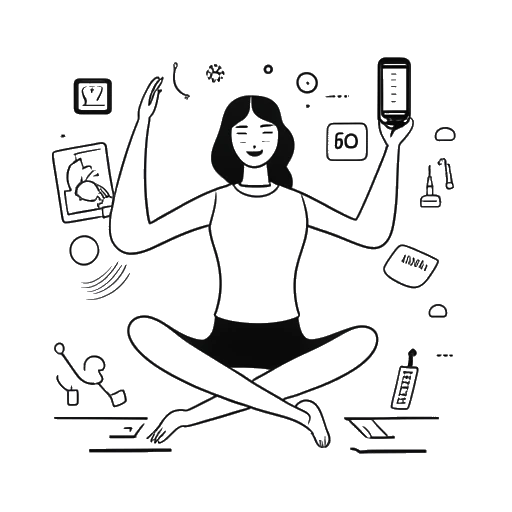 Strichzeichnung einer Frau, die Sadie McKenna in einer Yoga-Pose mit einem Smartphone darstellt, was auf ihren Einfluss in den sozialen Medien hinweist. Markenartikel und Währungssymbole heben ihre Einkommensquellen hervor. Das Kunstwerk ist vor einem einfarbigen Hintergrund platziert.