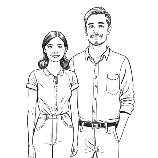 Line art drawing of a woman standing beside a man, representing Sadie Mckenna and her cousin Jacob Day