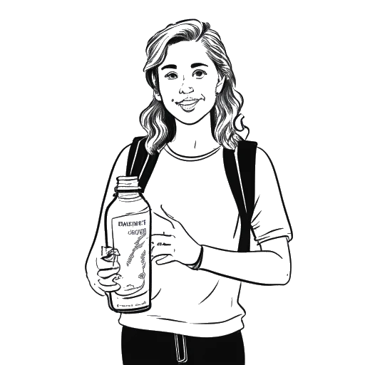 Line art drawing of a woman holding a bag of Muddy Buddies and a water bottle, representing Sadie Mckenna