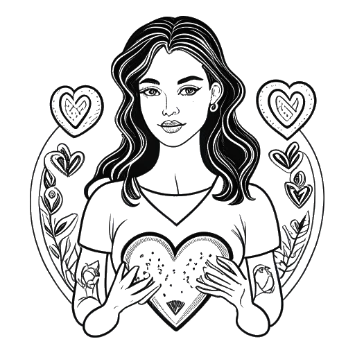 Desenho de arte linear de uma mulher segurando um coração, cercada por símbolos masculinos e femininos, representando Sadie Mckenna