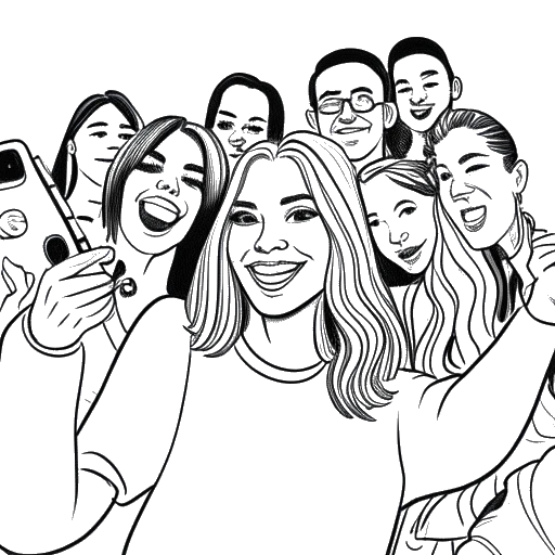 Desenho de arte linear de uma mulher tirando uma selfie com um grupo, representando Sadie Mckenna e os membros da Hype House