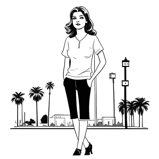 Line art drawing of a woman standing next to a Hollywood sign, representing Sadie Mckenna, against a white background.