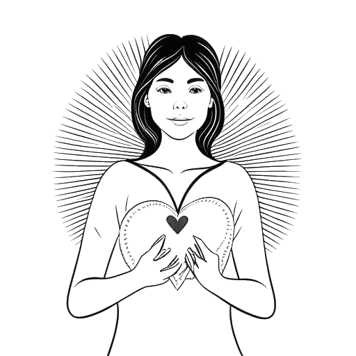 Desenho de arte linear de uma mulher segurando um coração, cercada por raios de luz, representando Sadie Mckenna
