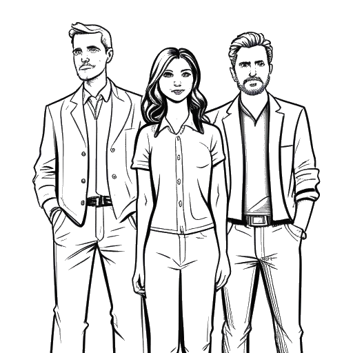 Line art drawing of a woman standing next to two men, representing Sadie Mckenna and rumored acquaintances JP Wilderr and Bryce Hall, against a white background.