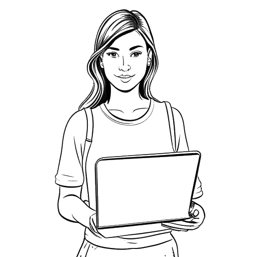 Line art drawing of a young woman with a laptop and a book, representing Sadie Mckenna, against a white background.