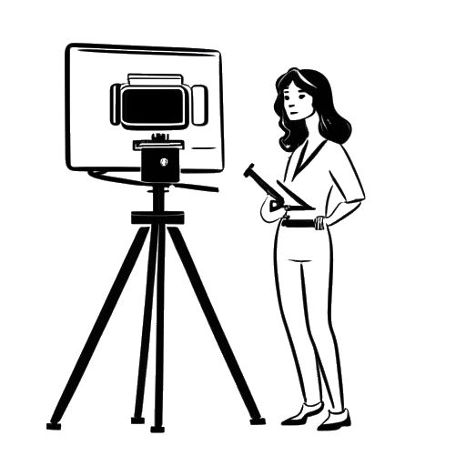 Disegno in line art di una donna, che rappresenta Kalani Rodgers, di fronte a una clapperboard cinematografica simboleggiante il suo percorso attoriale dai drammi scolastici al grande schermo.