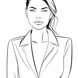 Line art drawing of a confident woman, representing Kalani Rodgers, in a modeling pose, symbolizing her involvement in the fashion industry.