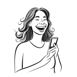 Lijntekening van een vrouw, die Kalani Rodgers vertegenwoordigt, lachend met een telefoon in haar hand, wat haar opmars naar sociale media roem illustreert.