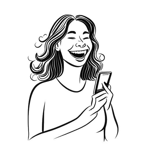 Desenho artístico de uma mulher, representando Kalani Rodgers, rindo com um celular na mão, ilustrando sua ascensão à fama nas redes sociais.