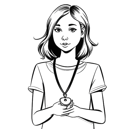 Line art drawing of a young girl, representing Kalani Rodgers, holding dog tags.