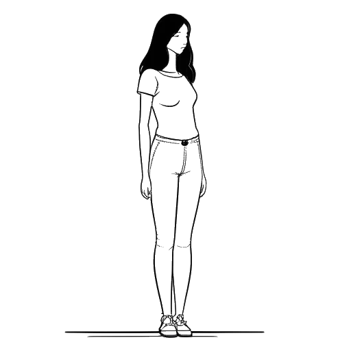 Desenho em arte linear de uma jovem mulher, representando Kalani Rodgers, em pé com uma medida de altura.