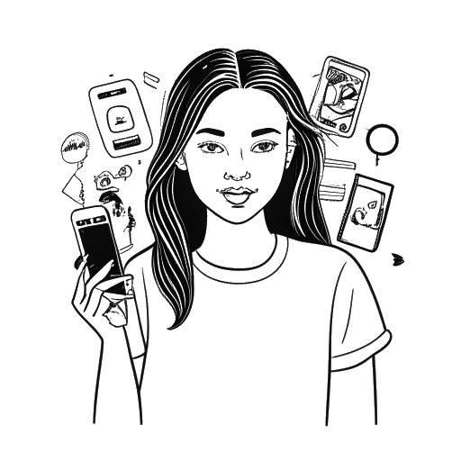 Line art drawing of a young woman, representing Kalani Rodgers, holding a smartphone with various pop culture icons on the screen.