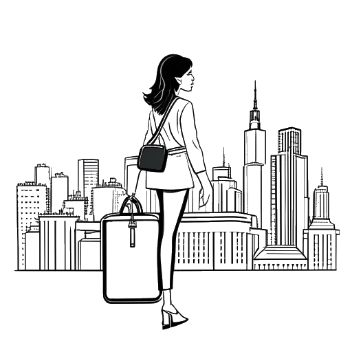 Dibujo de arte lineal de una mujer joven, que representa a Kalani Rodgers, sosteniendo una maleta frente al horizonte de la ciudad.