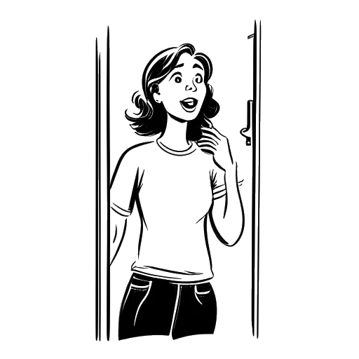 Desenho em arte linear de uma jovem mulher, representando Kalani Rodgers, surpreendendo alguém em sua porta.