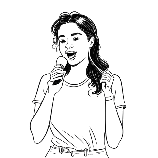Desenho em arte linear de uma jovem mulher, representando Kalani Rodgers, realizando um esquete cômico no TikTok.