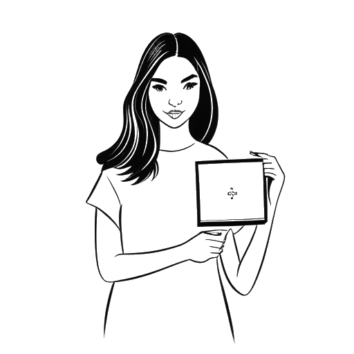 Desenho em arte linear de uma jovem mulher, representando Kalani Rodgers, segurando um botão de play do YouTube.