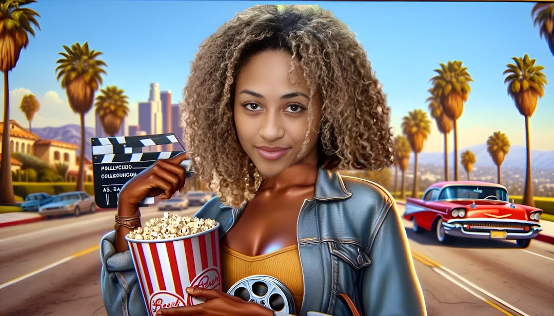 Kalani Rodgers em trajes casuais, segurando um balde de pipoca ao lado de um rolo de filme, com pontos turísticos de Los Angeles ao fundo, exalando um mix de charme de Hollywood e comédia online.