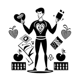 Strichzeichnung eines Mannes, der Ludwig Ahgren darstellt, in heldenhafter Pose mit Schach- und Boxsymbolen, einer Agenturmarke, einer Musiknote und einem Herzsymbol, das sein Leben jenseits des Streamings symbolisiert.
