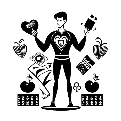 Lijnart-tekening van een man die Ludwig Ahgren vertegenwoordigt, in een heldhaftige houding met schaak- en bokssymbolen, een agentschapsmerk, een muzieknoot en een hart dat zijn leven buiten het streamen symboliseert.