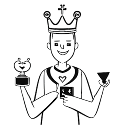 Disegno in stile line art di un uomo, rappresentante Ludwig Ahgren, coronato con un controller, un pezzo degli scacchi e un cuore simboleggianti la beneficenza, con un pulsante play di YouTube che mette in evidenza il suo passaggio di piattaforma.