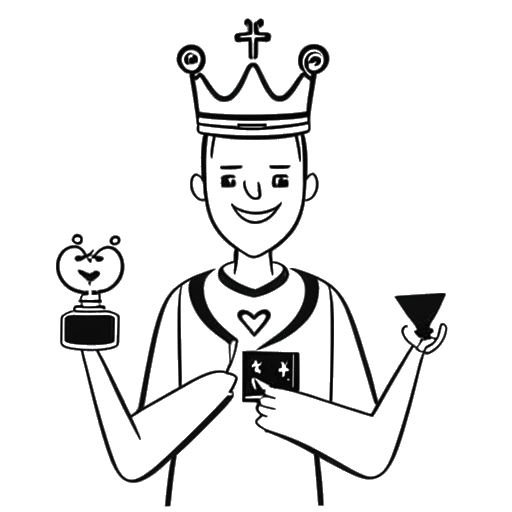 Lijnart-tekening van een man die Ludwig Ahgren vertegenwoordigt, gekroond met een controller, schaakstuk en een hart-symbool voor liefdadigheid, met een YouTube-afspeelknop die zijn overgang naar dat platform accentueert.