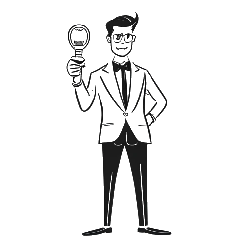Dibujo en línea que representa a Ludwig Ahgren con un controlador de juego, micrófono, bidé, trofeo y un Botón de Reproducción de YouTube, ilustrando su carrera multifacética y emprendedora contra un fondo blanco.