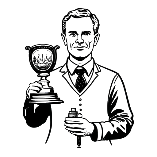 Line art tekening van een man, die Ludwig Anders Ahgren vertegenwoordigt, die een trofee vasthoudt met een ban-symbool op de achtergrond