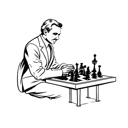 Strichzeichnung eines Mannes, der Ludwig Anders Ahgren darstellt, der Schach spielt