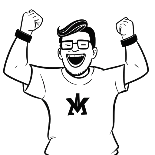 Desenho de arte em linha de um homem, representando Ludwig Anders Ahgren, comemorando com os logos do YouTube e Twitch ao fundo