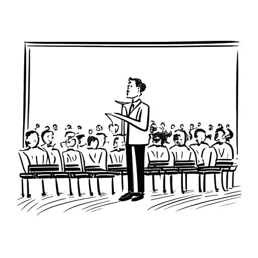 Desenho de arte em linha de um homem, representando Ludwig Anders Ahgren, organizando e hospedando um evento em um teatro