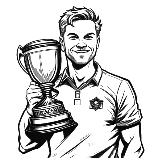 Strichzeichnung eines Mannes, der Ludwig Anders Ahgren darstellt, der einen Pokal mit einem Moist Esports-Logo im Hintergrund hält