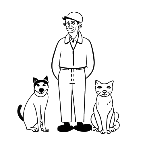 Desenho de arte em linha de um homem, representando Ludwig Anders Ahgren, com um gato e um cachorro