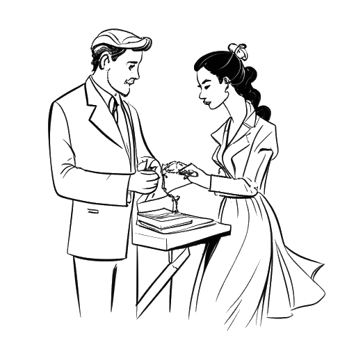 Line art tekening van een man en vrouw, die Ludwig Anders Ahgren en QTCinderella vertegenwoordigen, die samenwerken aan een project