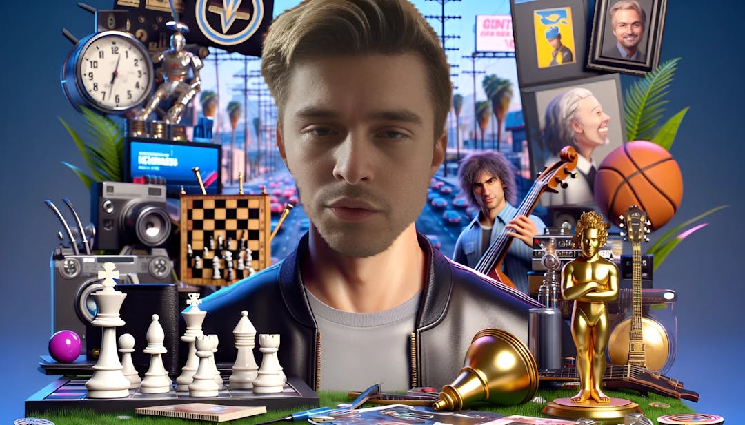 Ludwig Anders Ahgren donning a casual outfit, radiating a youthful and vibrant personality, framed by gaming accessories and a Los Angeles backdrop.