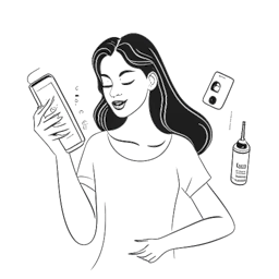Strichzeichnung einer Frau, die Bianca Claßen (BibisBeautyPalace) bei Kooperationen zeigt, Kosmetikprodukte präsentiert, ein einzigartiges Telefon vorstellt und einen Musikpreis erhält. Das Bild ist in Schwarz-Weiß auf weißem Hintergrund gehalten.
