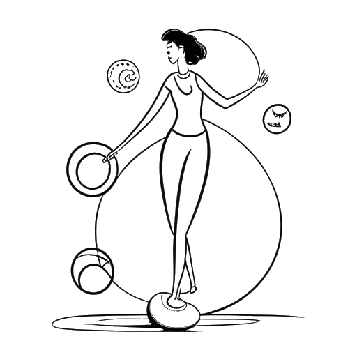 Strichzeichnung einer Frau, die Bianca Claßen (BibisBeautyPalace) symbolisiert, die persönliche und berufliche Aspekte des Lebens meistert. Das Bild enthält Symbole wie einen Ehering, ein Baby und das Überwinden von Hindernissen, alles präsentiert in Schwarz-Weiß auf weißem Hintergrund.