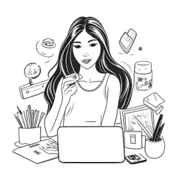 Strichzeichnung einer Frau, die Bianca Claßen (BibisBeautyPalace) mit langen Haaren darstellt, die digital mit Schönheitsprodukten, Modeartikeln und Vlog-Ausrüstung interagiert. Die Illustration ist in Schwarz-Weiß auf einem weißen Hintergrund.